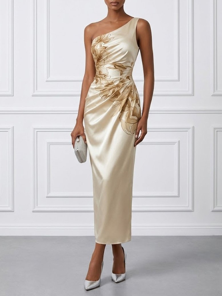 Champagne Floral Satin One-Shoulder Sleeveless Sheath Maxi Dress