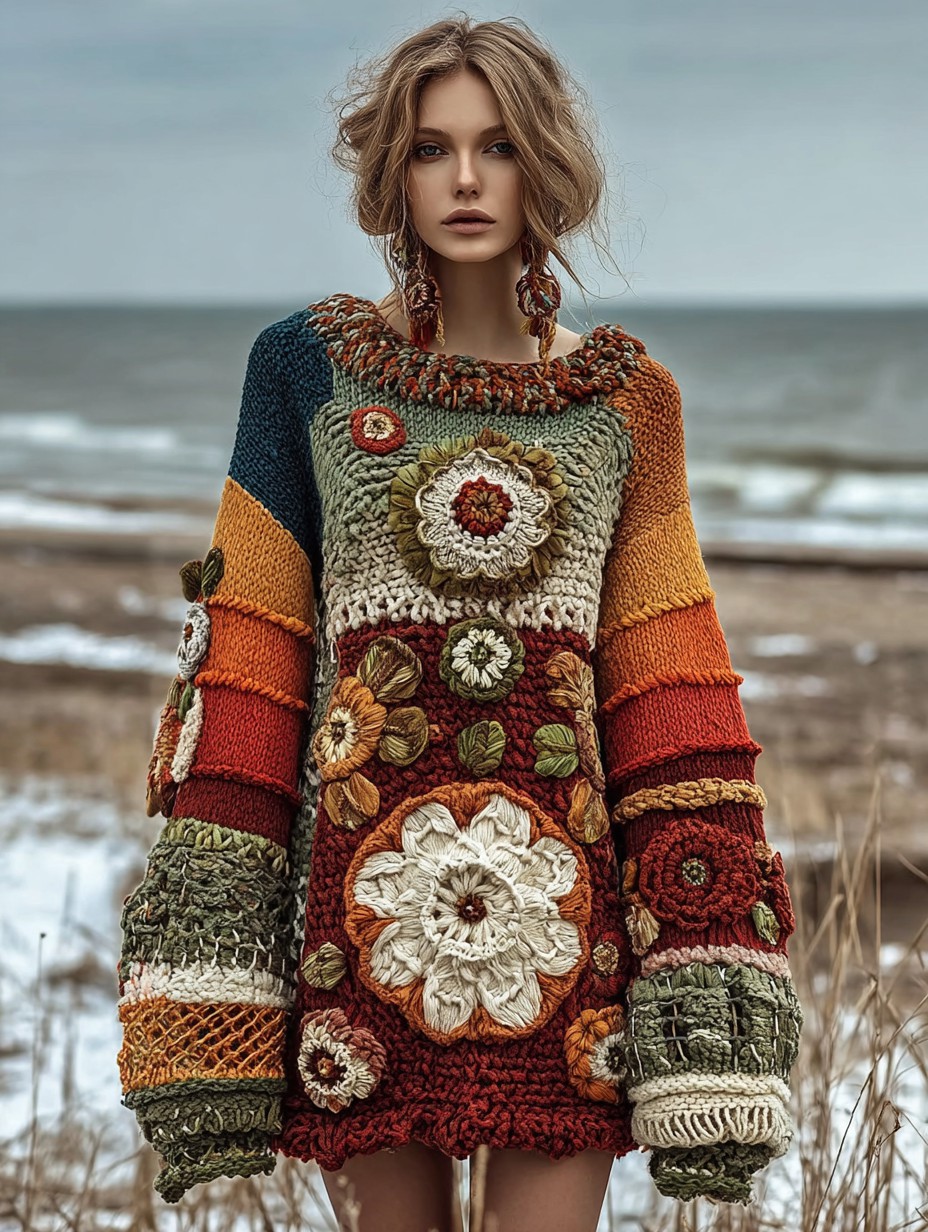 Vintage floral crochet multi-color patchwork comfortable knitted pullover sweater
