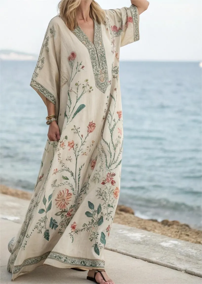 Cotton & Linen Long Sleeve Kaftan Maxi Dress