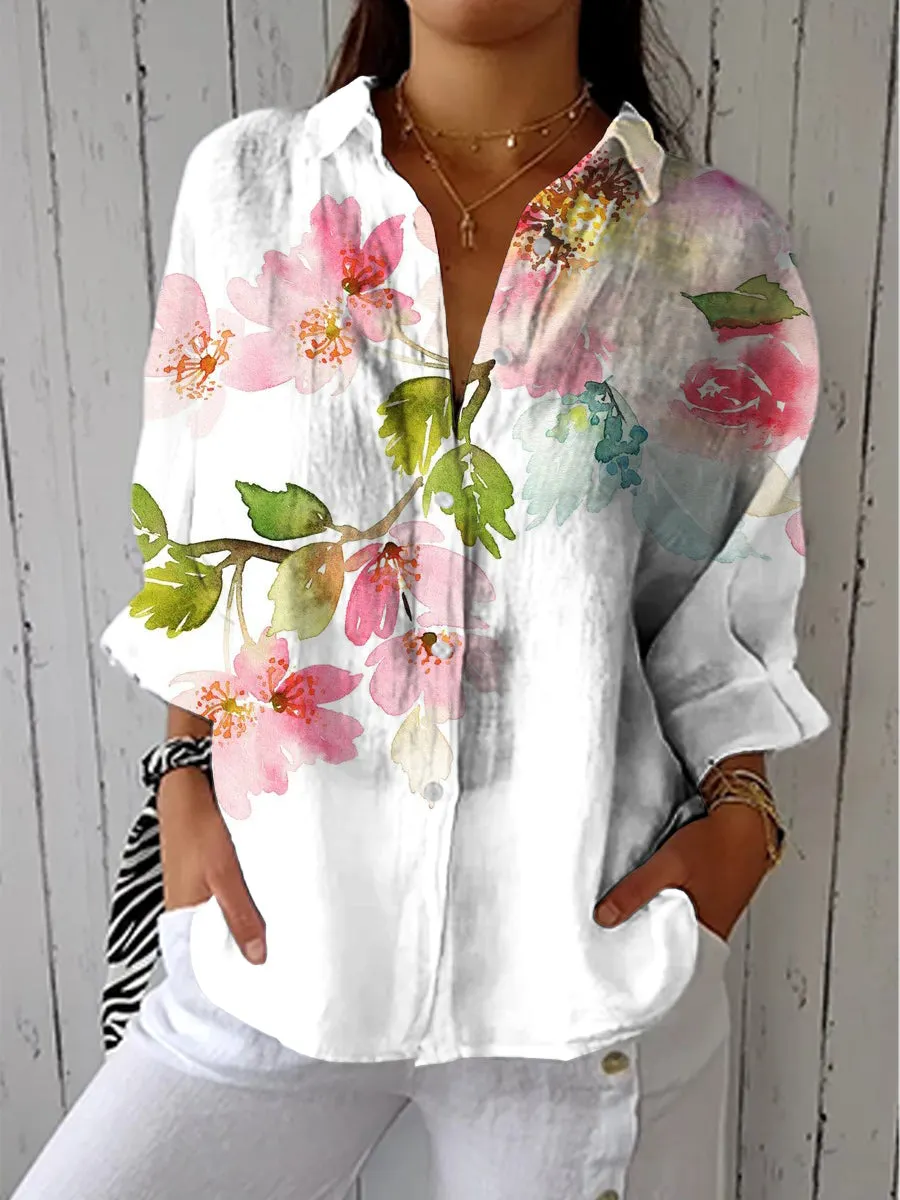 Art Ink Flower Print Casual Linen V-neck Shirt