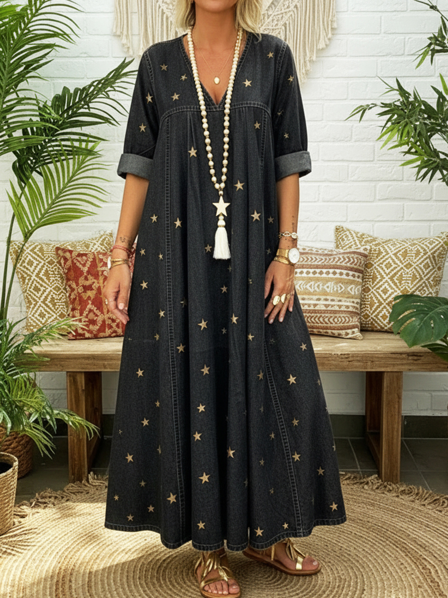 Casual Gold Star Print 100% Cotton Denim Dress