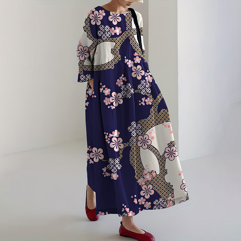 Vintage Japanese Cherry Blossom Print Loose Midi Dress