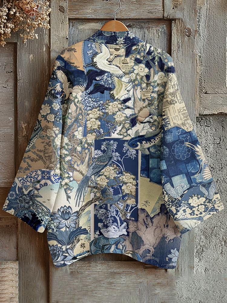 Retro Japanese Traditional Sashiko With Crane Art Print Cotton & Linen Blend Kimono Cardigan