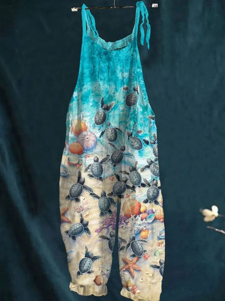 Vintage Lovely Sea Turtle Art Print Casual Wide-Leg Jumpsuit
