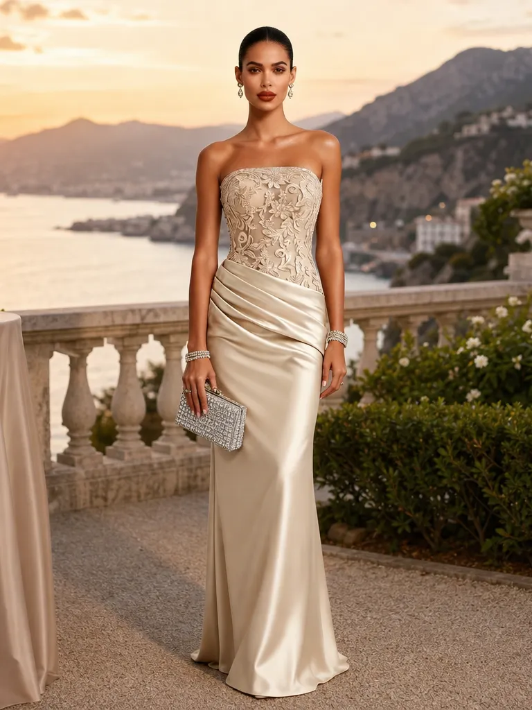 Champagne Jacquard Satin Strapless Sleeveless Mermaid Gown