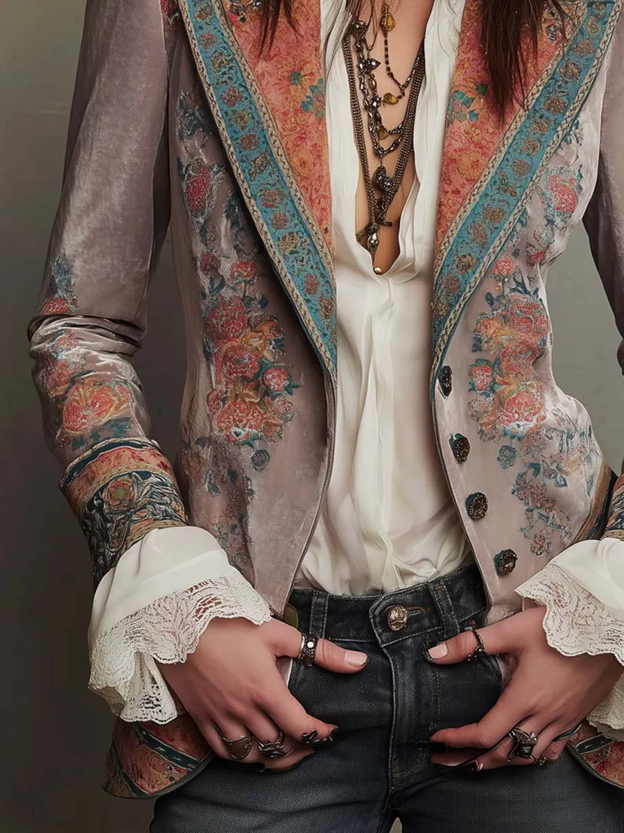 Vintage Button Floral Polyester Velvet Blazer