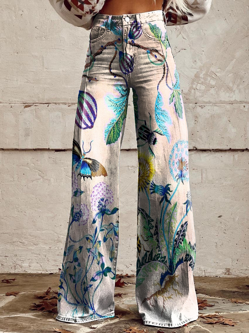 Retro Animal Plant Flower Art Casual Wide-Leg Pants