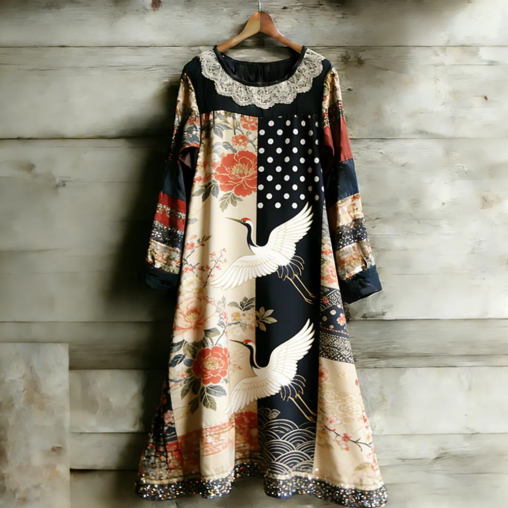 Vintage Floral Flying Crane Lace Round Neck Dress
