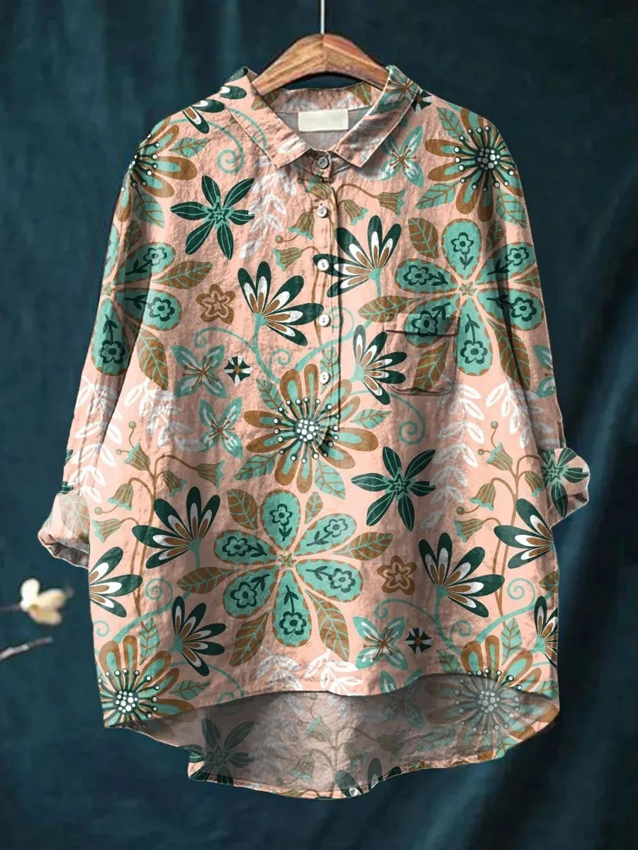 Vintage Flower Print Casual Cotton & Linen Shirt
