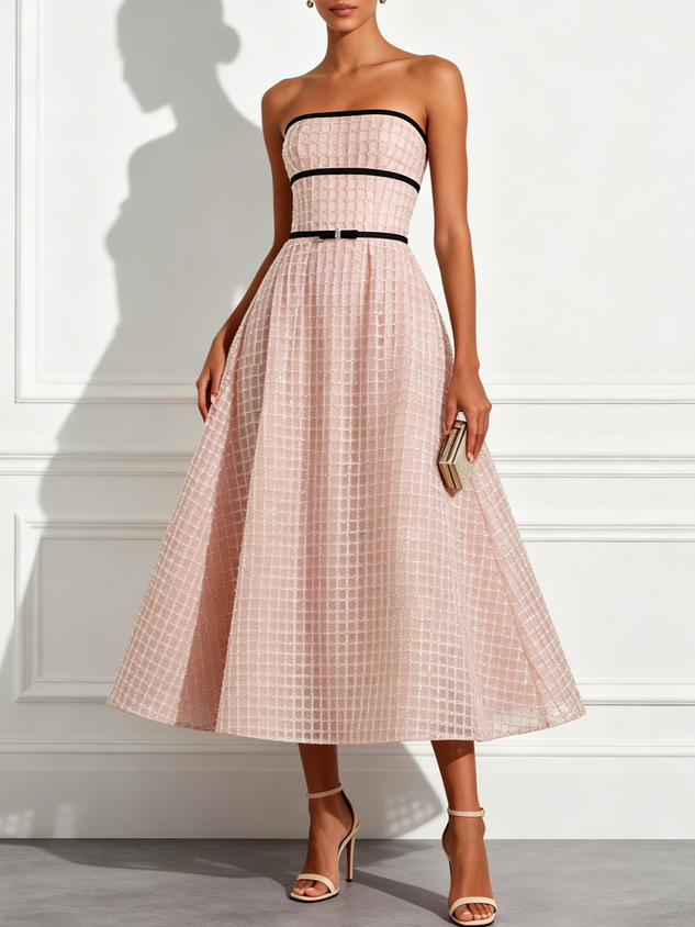 Champagne Glitter Strapless Sleeveless A-Line Midi Dress