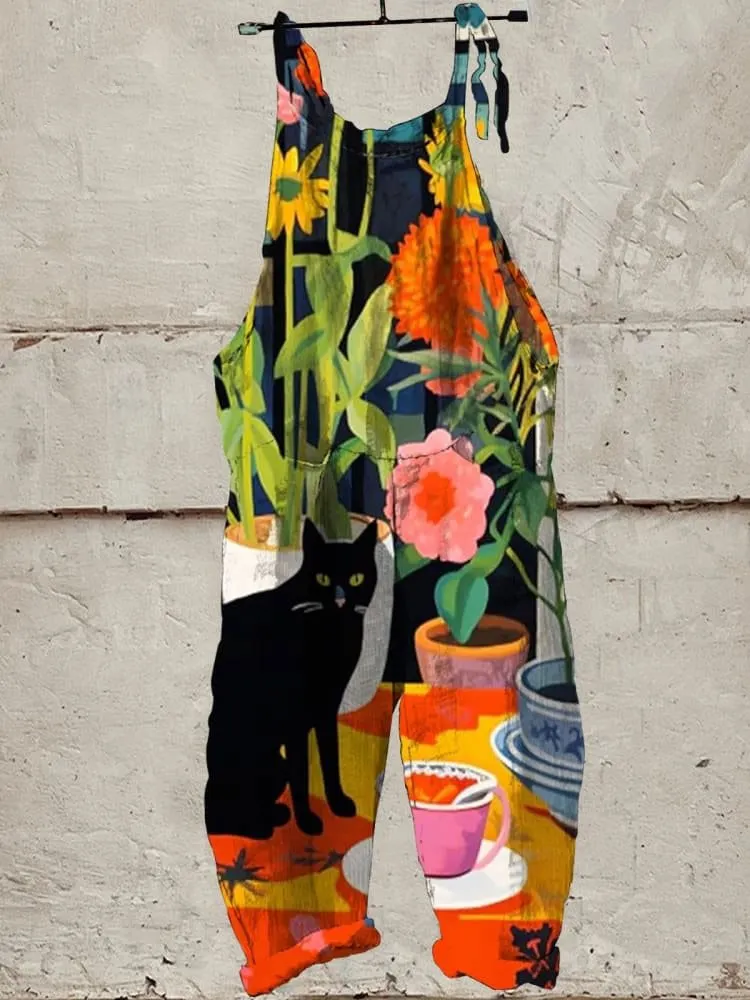 Vintage Lovely Black Cat Floral Art Print Casual Wide-Leg Jumpsuit