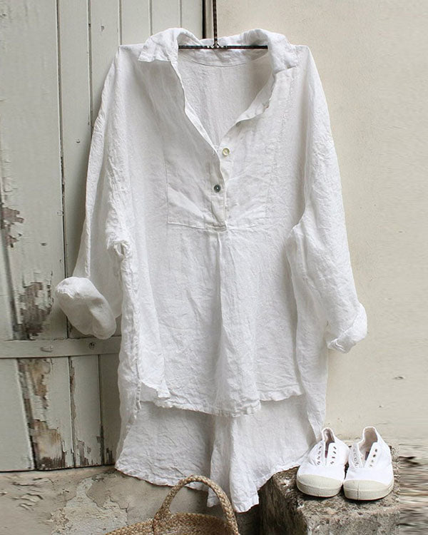 V-neck Loose Cotton & Linen Casual Shirt
