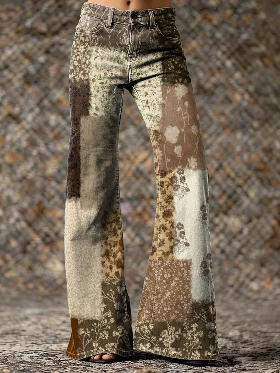Vintage Ethnic Collage Floral Hippie Art Prints Casual Flared Pants