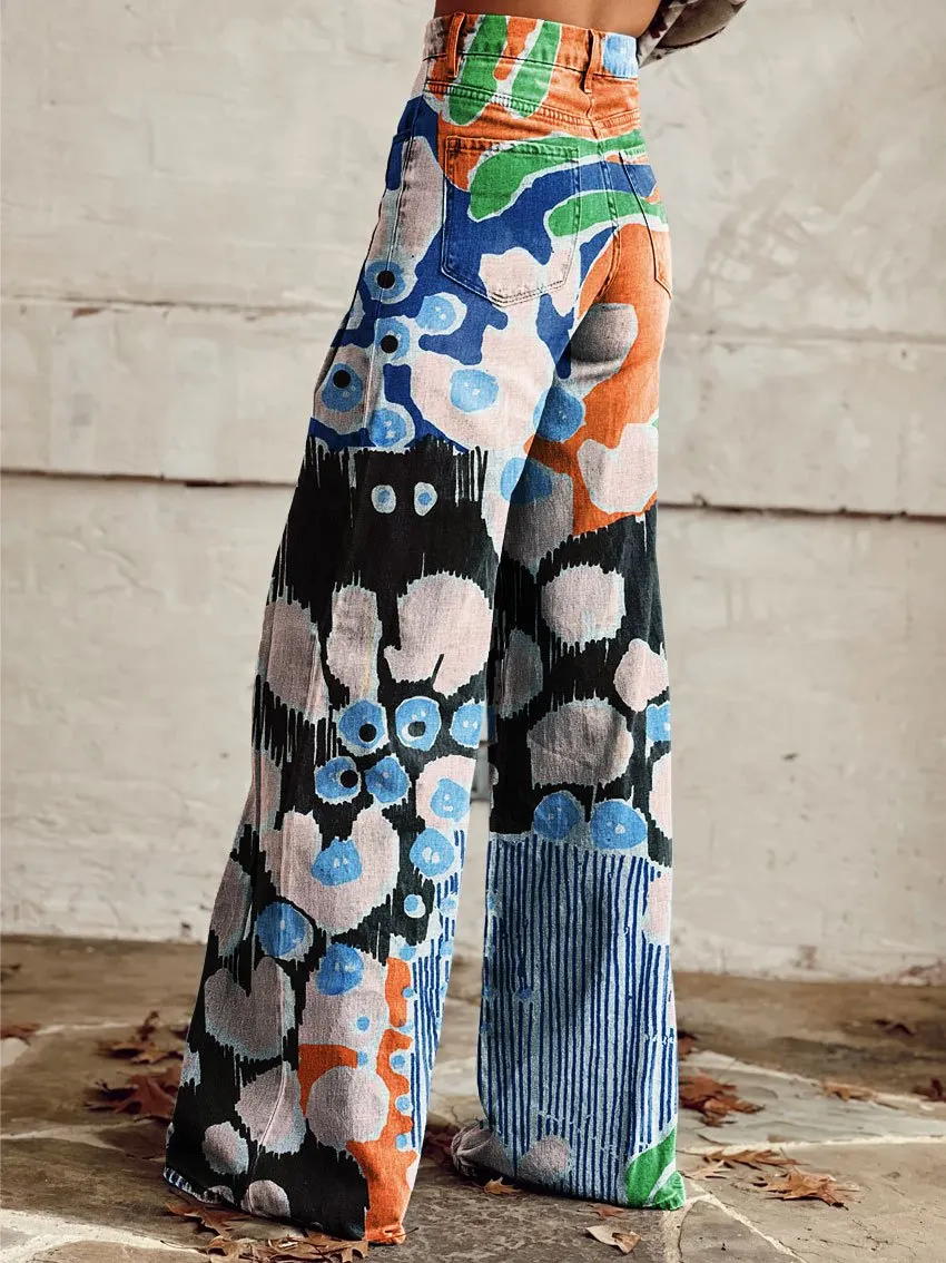 Vintage Print Casual Wide-Leg Pants