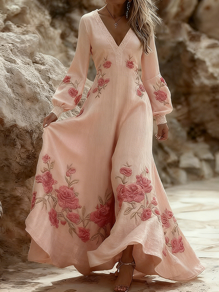 Vintage Rose Art Women's Long Sleeve Maxi V-neck Dress