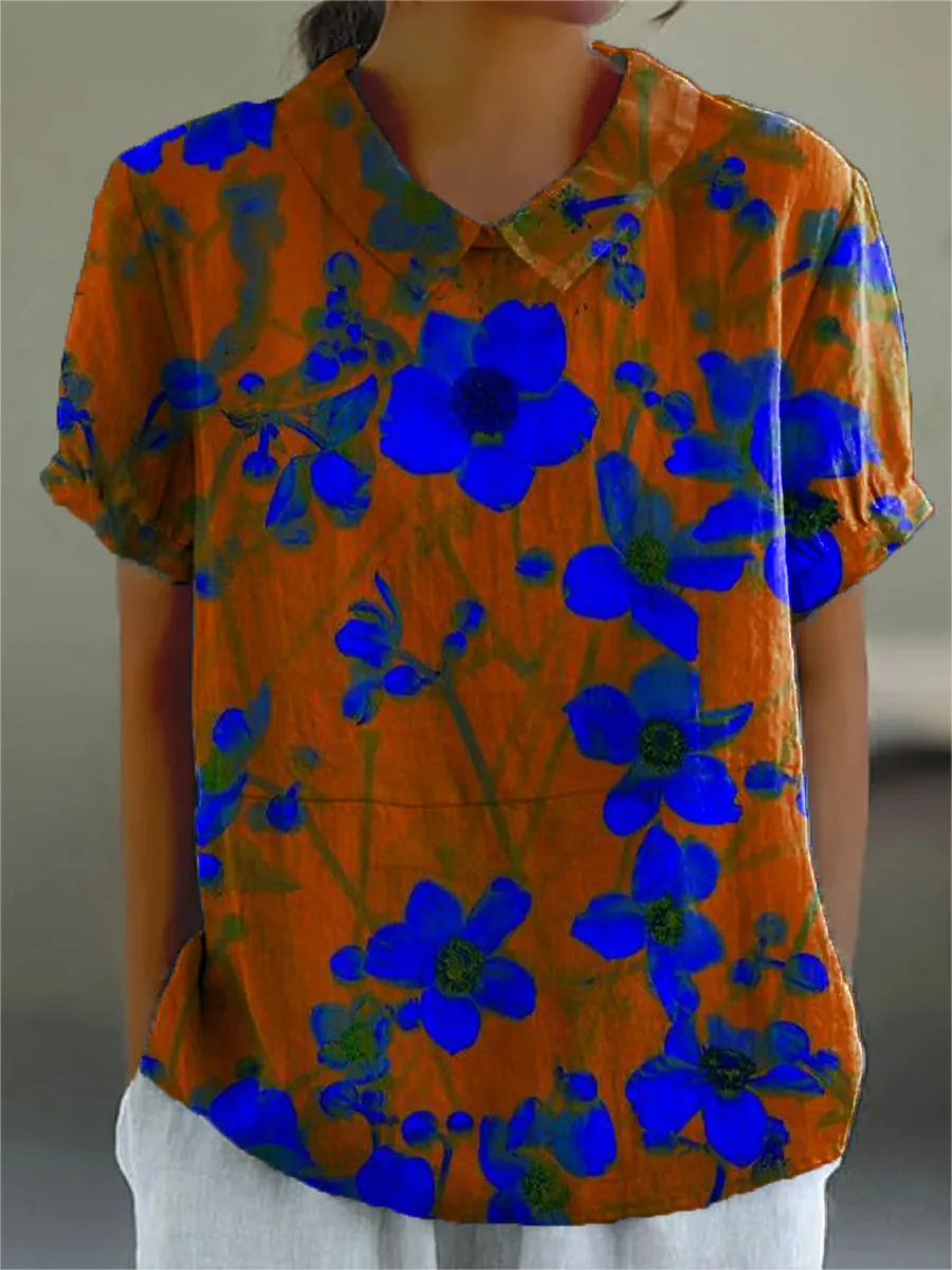 Vintage Beautiful Flower Painting Art Print Casual Cotton & Linen Shirt
