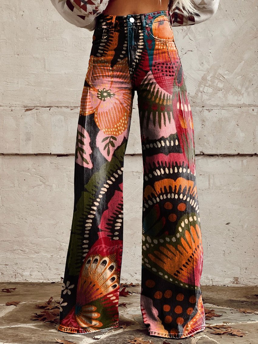 Vintage Print Casual Wide-Leg Pants