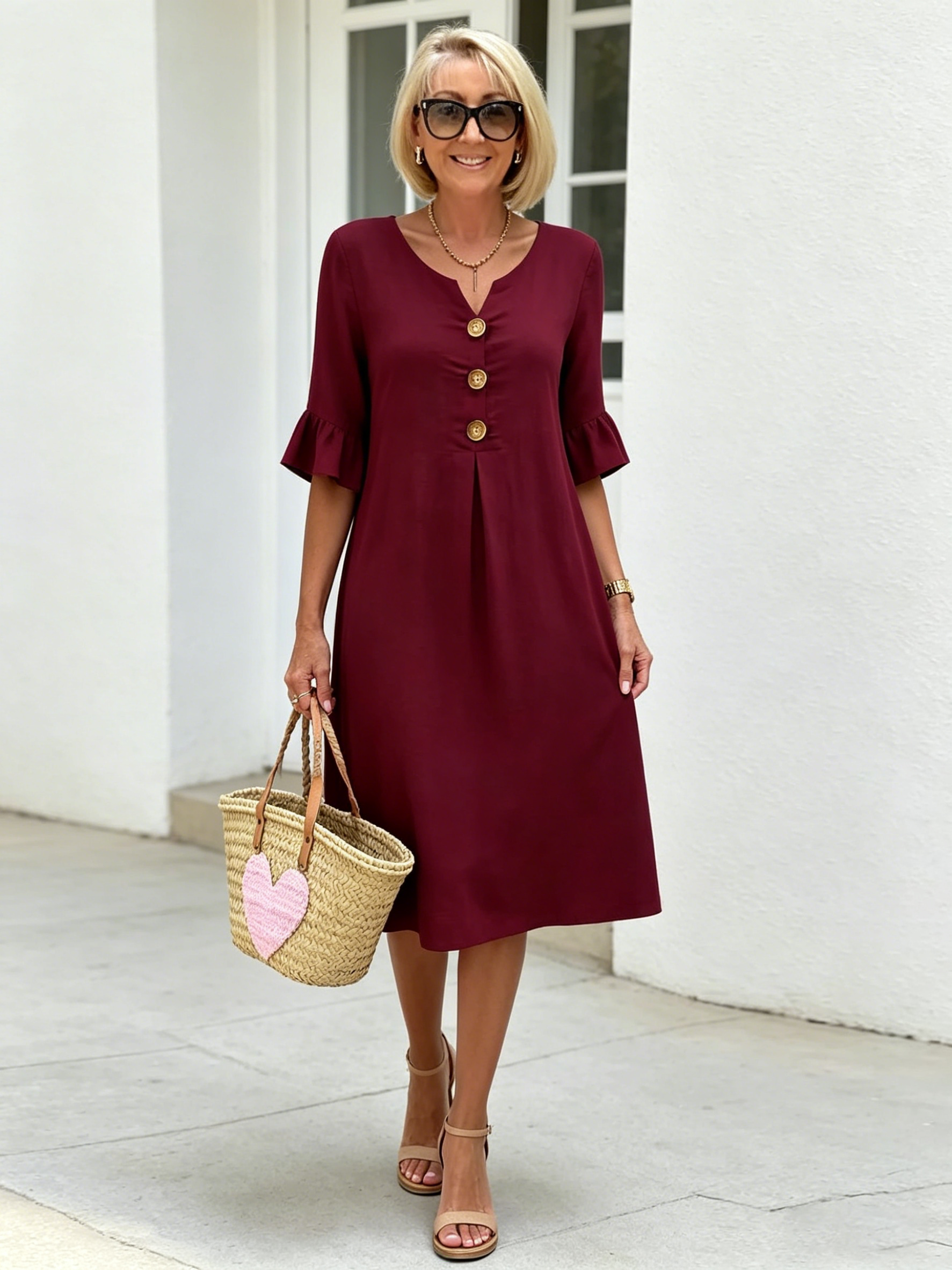 V-Neck Linen-Blend Relaxed Midi Dress