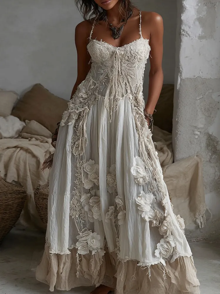Women's White Rose Embroidery Sleeveless Dress
