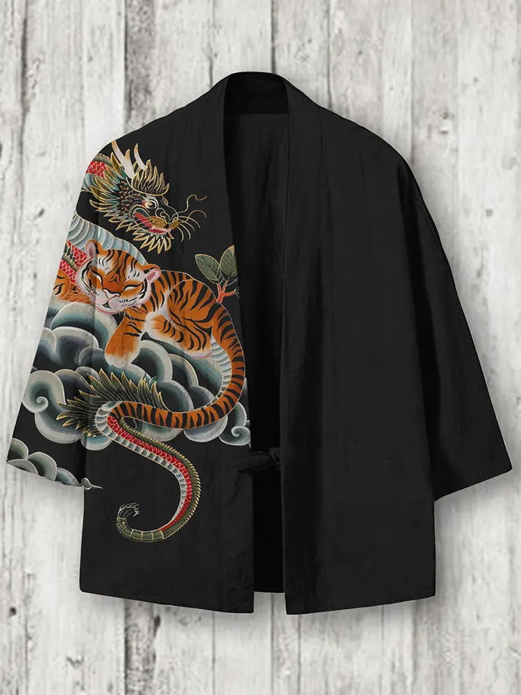 Men's Dragon And Tiger Art Blend Kimono Cardigan