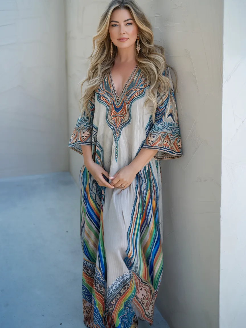 Contton & Linen Long-Sleeve Bohemian Kaftan Maxi Dress