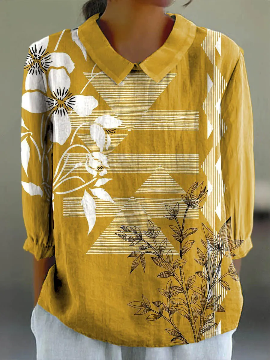 Geometric Floral Pattern Art Print Casual Cotton & Linen 3/4 Sleeve Shirt