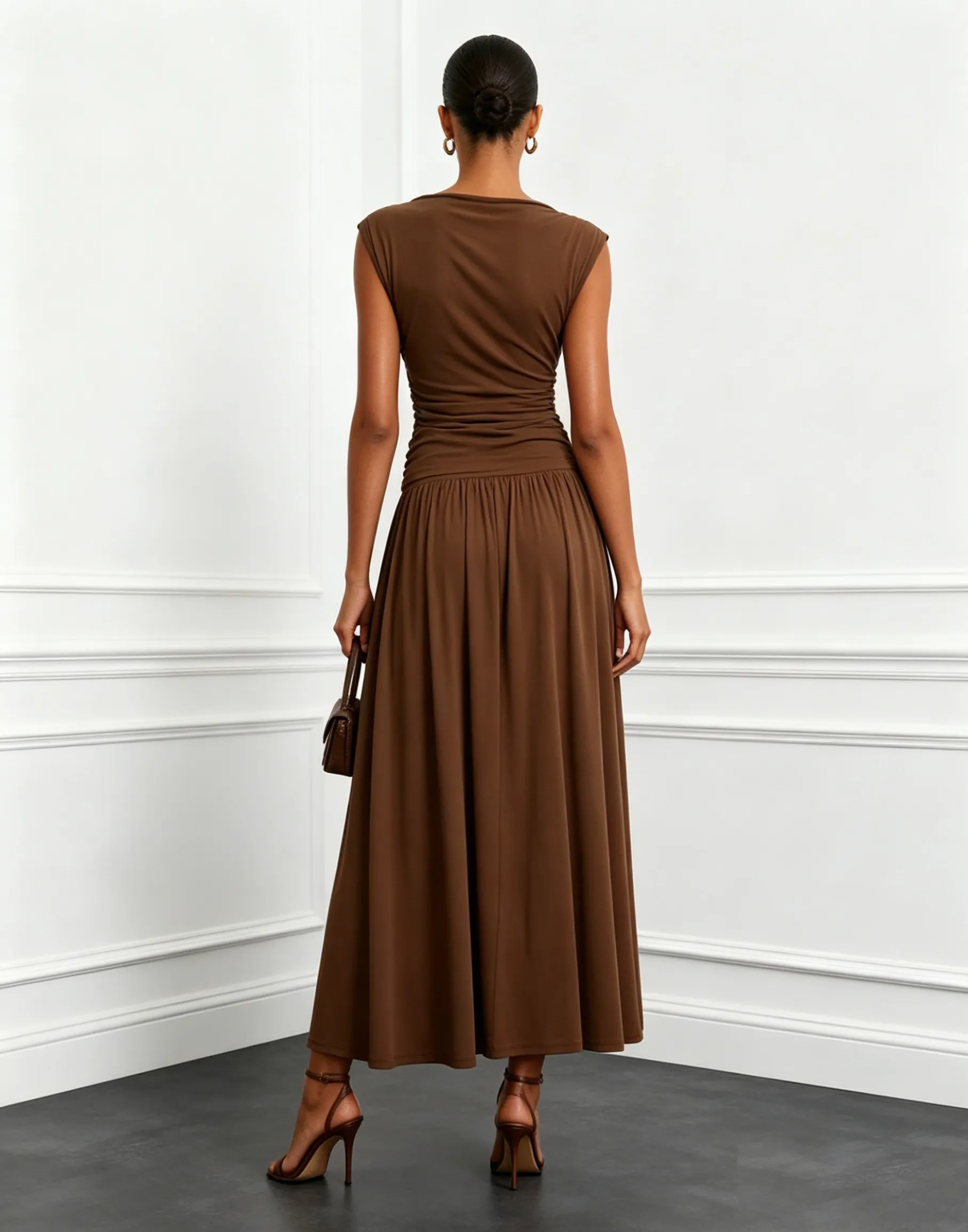 Brown Ruched Knit Boat Neck Cap Sleeve A-Line Maxi Dress