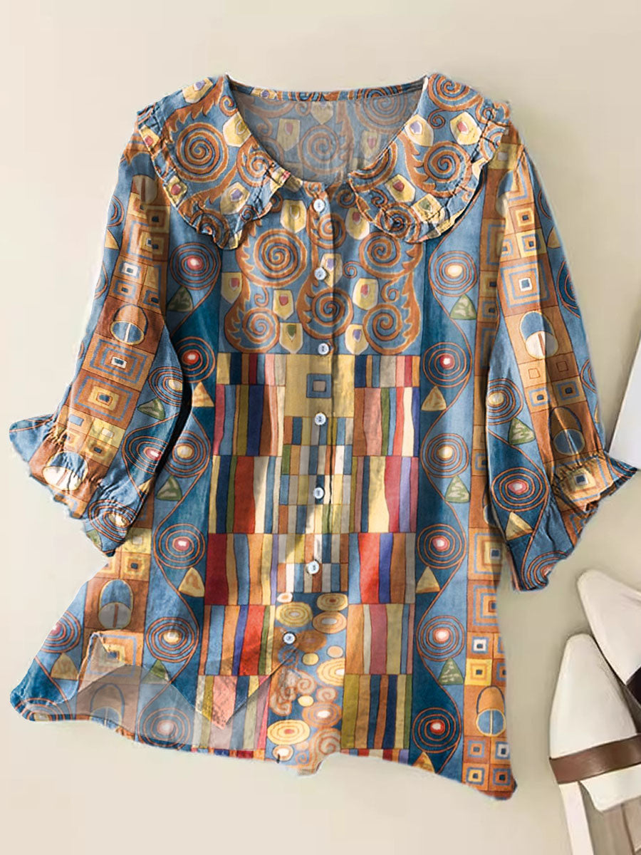 Geometric Pattern Art Print Casual Peter Pan Collar Cotton Shirt