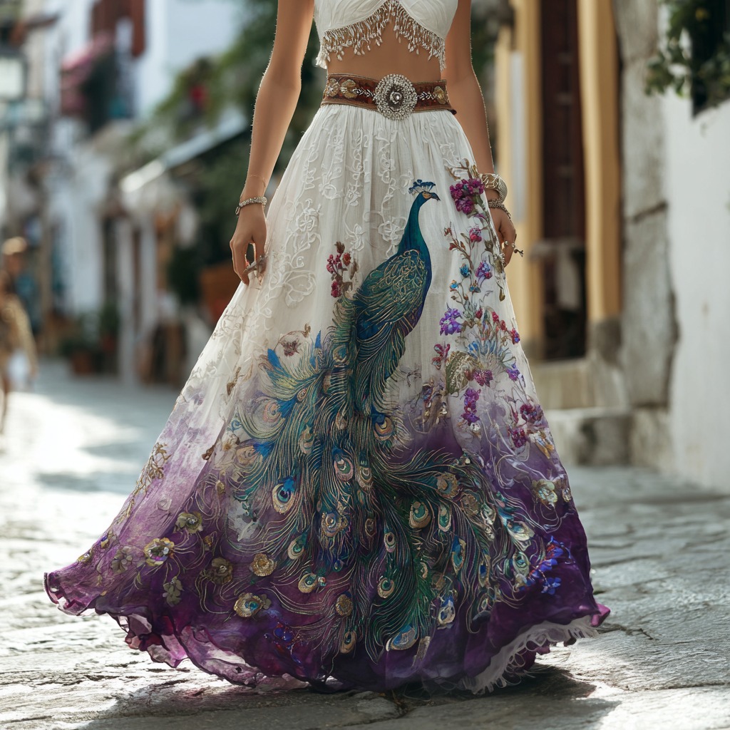Women's Retro Floral With Peacock Art Linen Blend Casual Maxi Skirt