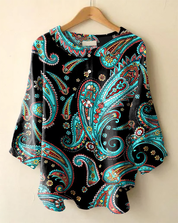 Vintage Paisley Print Long Sleeve Peter Pan Collar Shirt