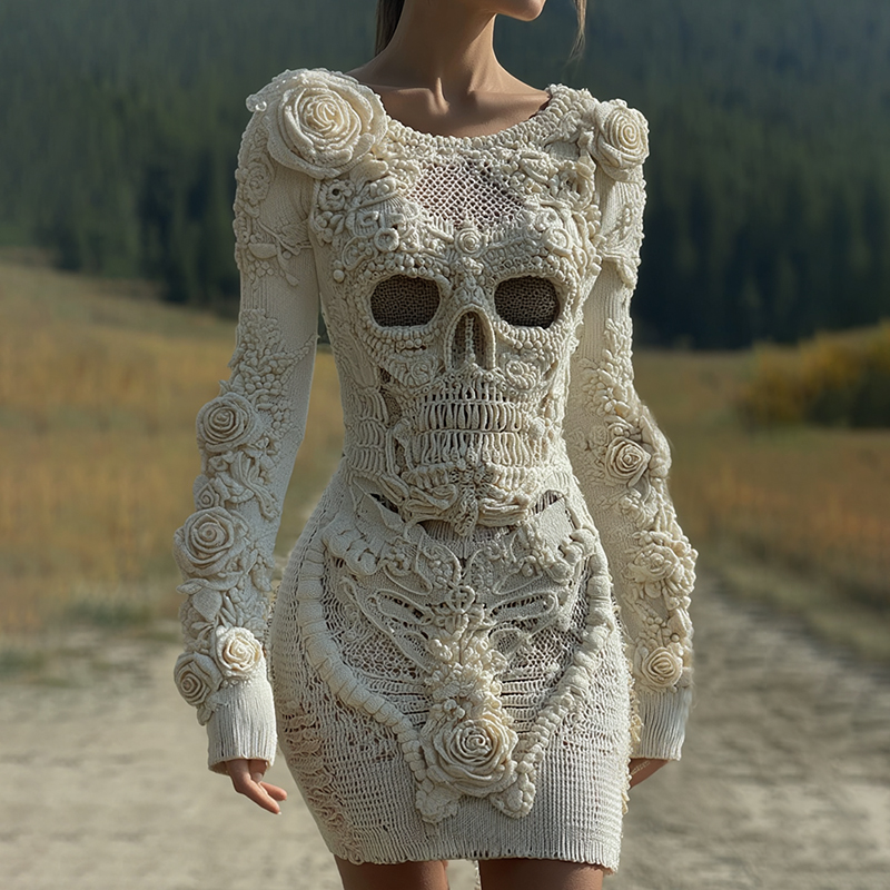 Women's Vintage Halloween Skull With Rose Art Cozy Knit Mini Sweater Dress