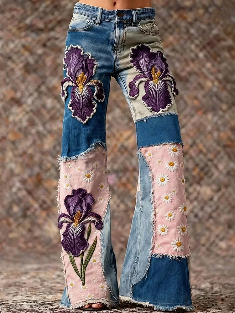 Women's Bohemian Style Patchwork Daisy Floral Patchwork Art Jeans
