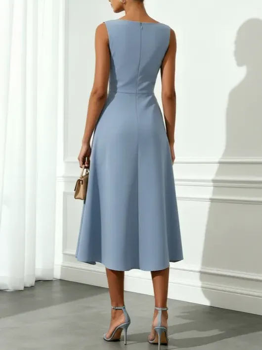 Blue Devore Classic Boat Neck Sleeveless A-Line Midi Dress