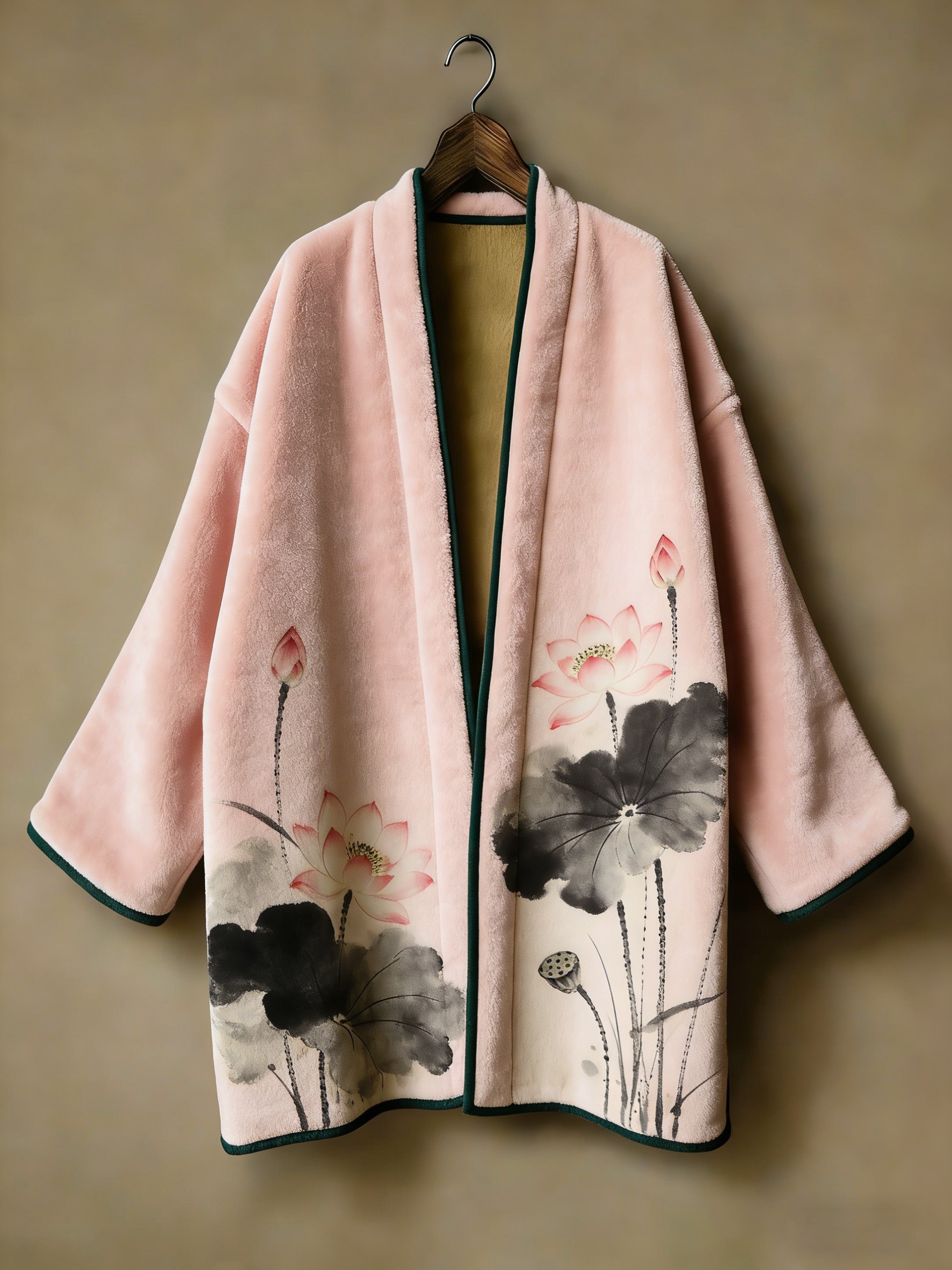 Oriental aesthetic printed flannel embroidered medium and long kimono cardigan