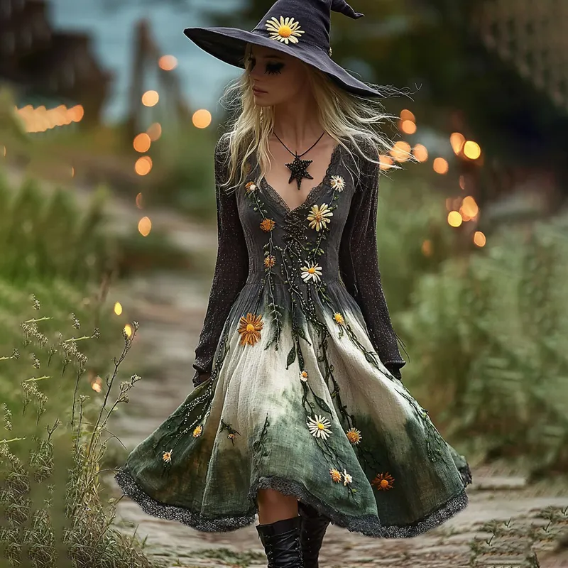 Women's Boho Witch Gradient Daisy Witch Midi Evening Dress
