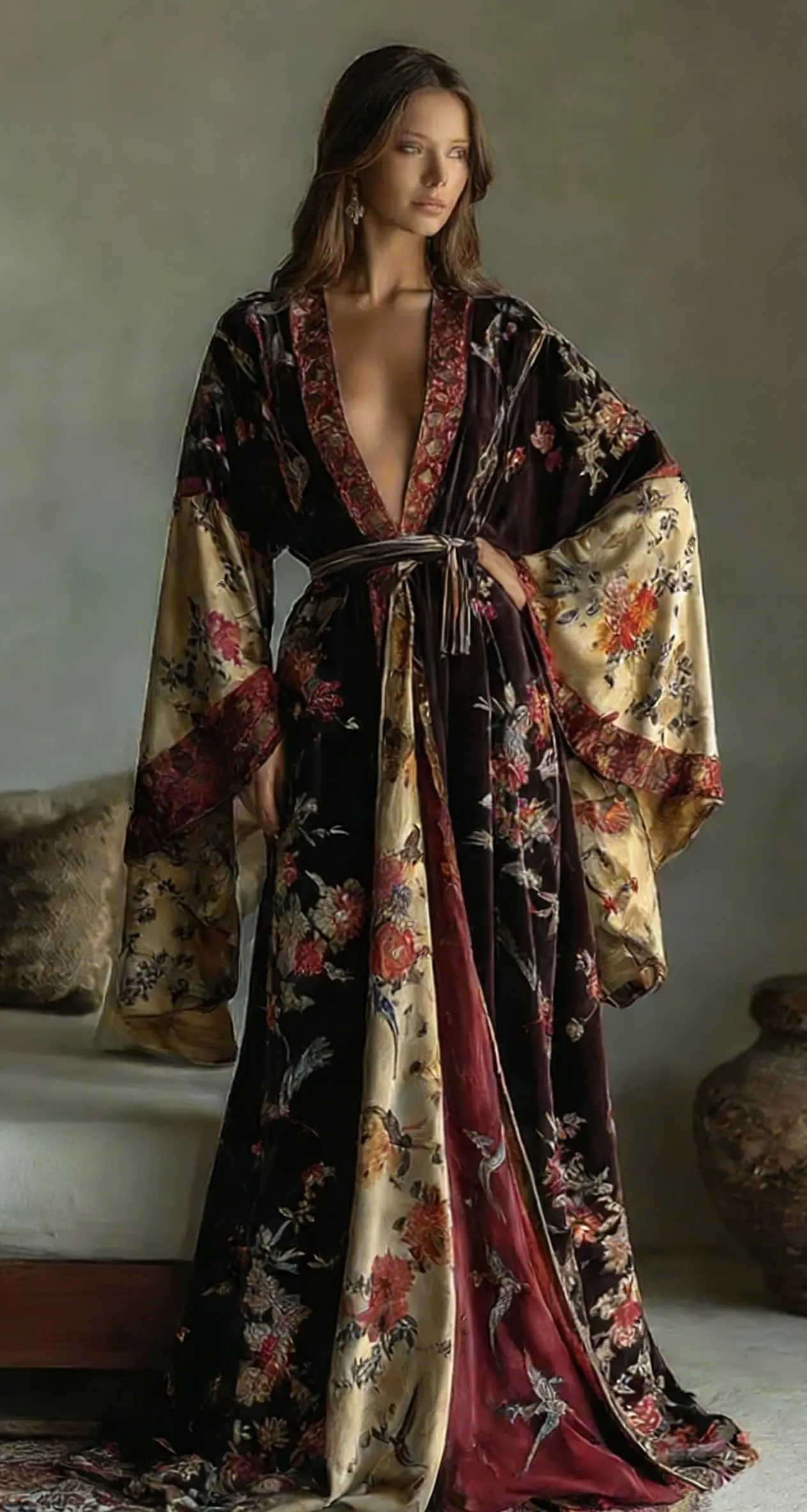 Elegant autumn/winter vintage floral style velvet robe (with belt)