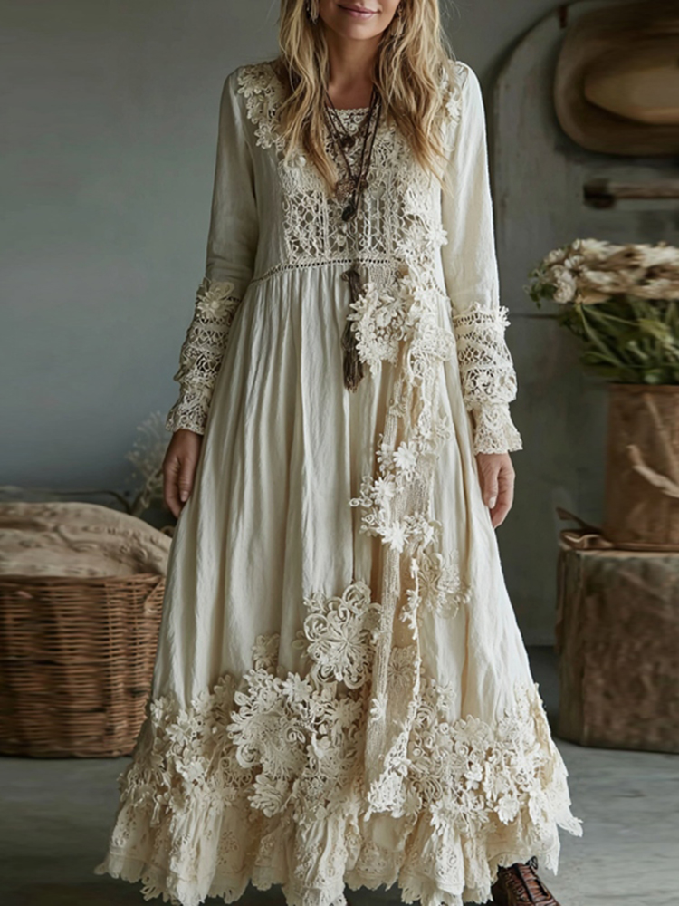 Women's Vintage Lace Floral Art Flowy Maxi Dress