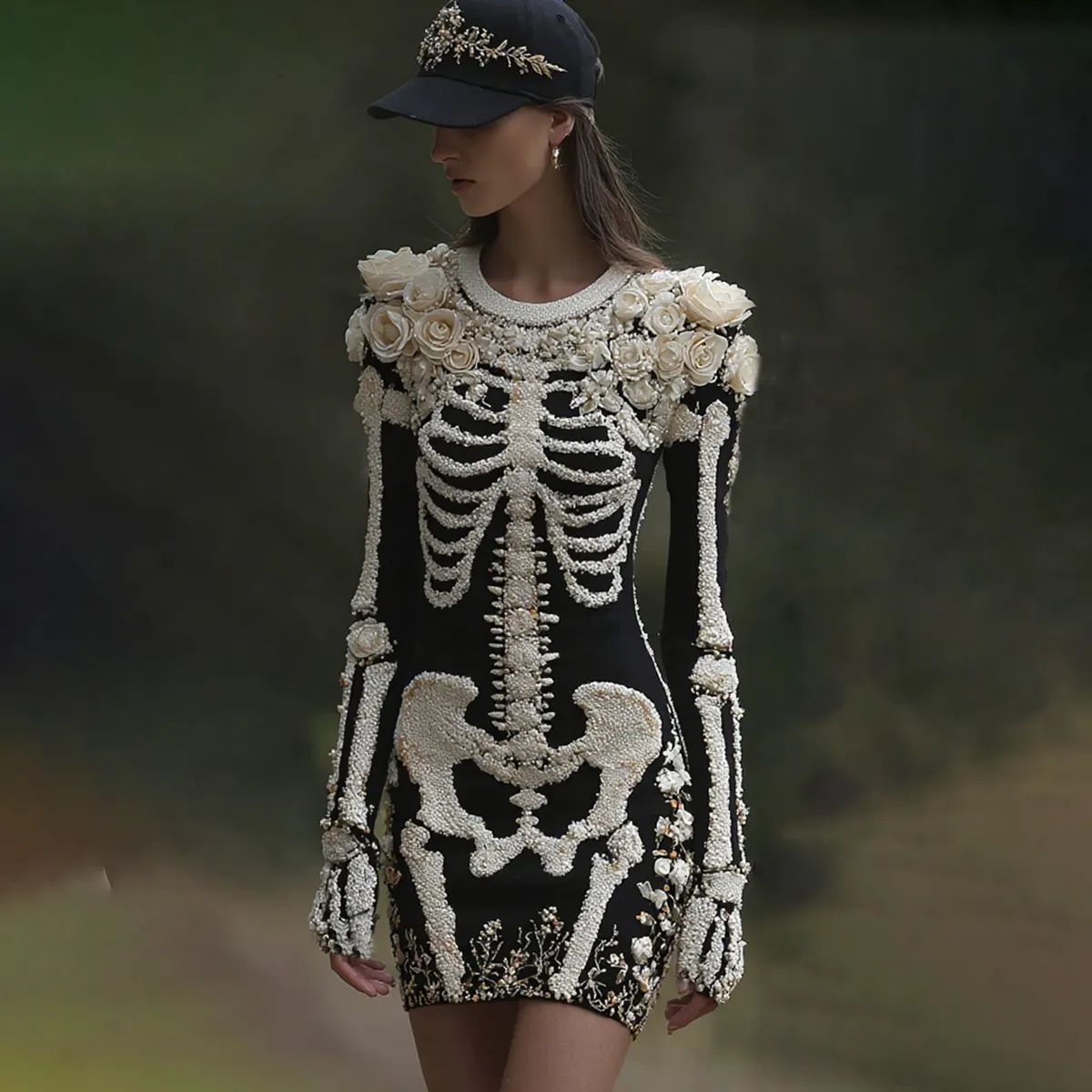 Women's Halloween Skeleton Bones With Rose Art Cozy Knit Mini Sweater Dress