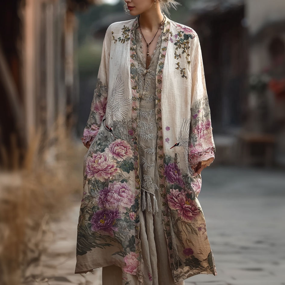 Japanese Art Retro Style Plant Flower & Crane Pattern Women's Cotton & Linen Cardigan