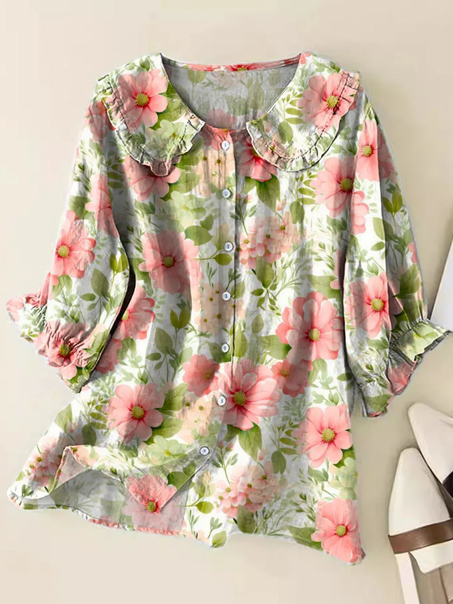Lovely Floral Art Print Casual Peter Pan Collar Cotton Shirt