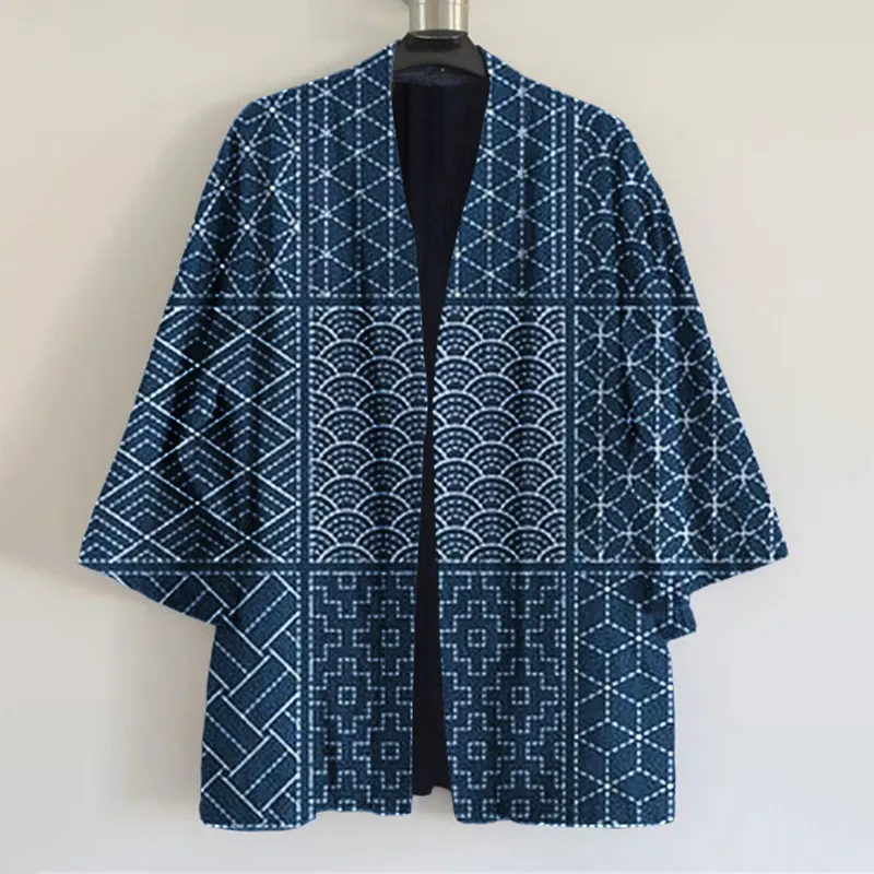 Vintage Japanese Traditional Sashiko Fan-Shaped Patchwork Art Print Blend Kimono Cardigan