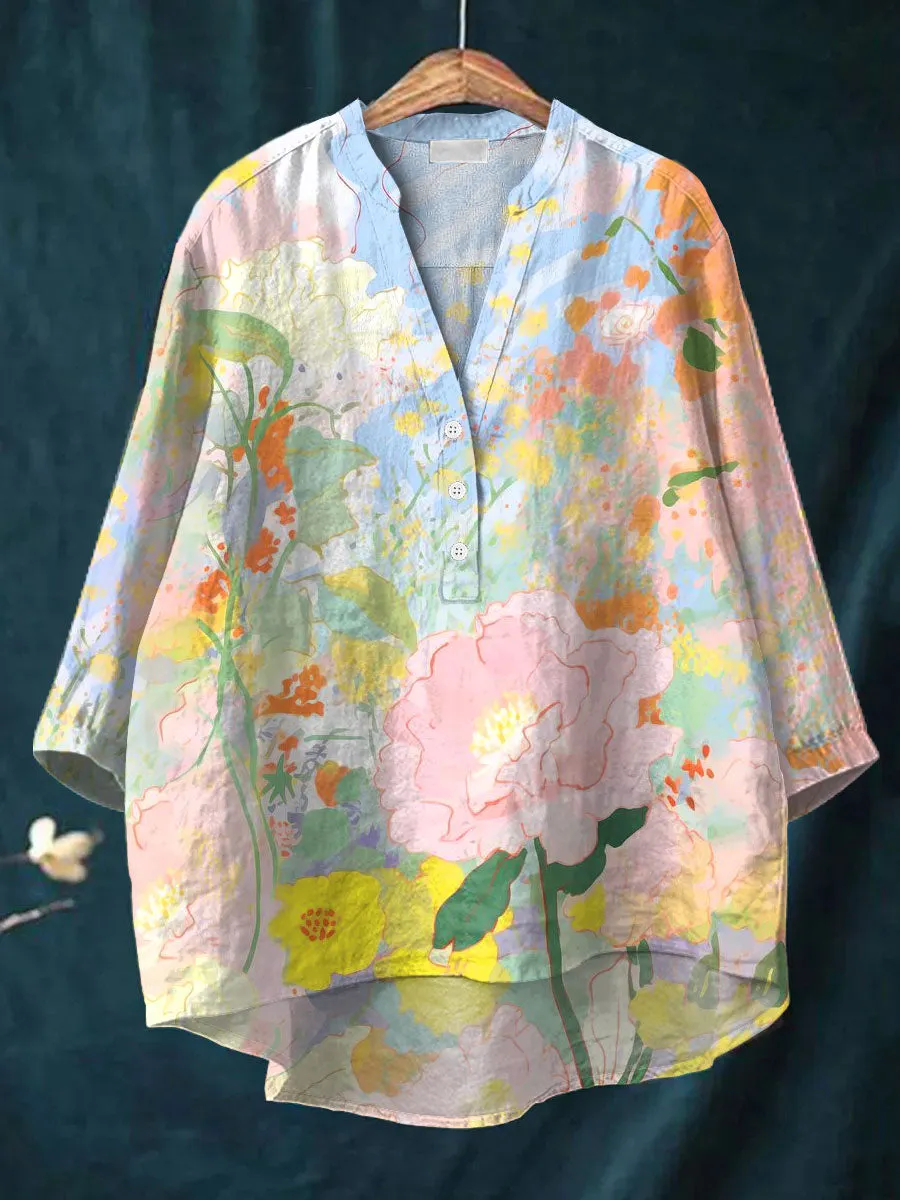 Vintage Flower Art Print Casual Cotton & Linen Shirt