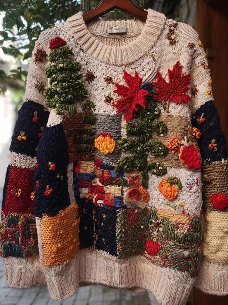 Maple Leaf Patchwork Checkered Round Neck Sweater