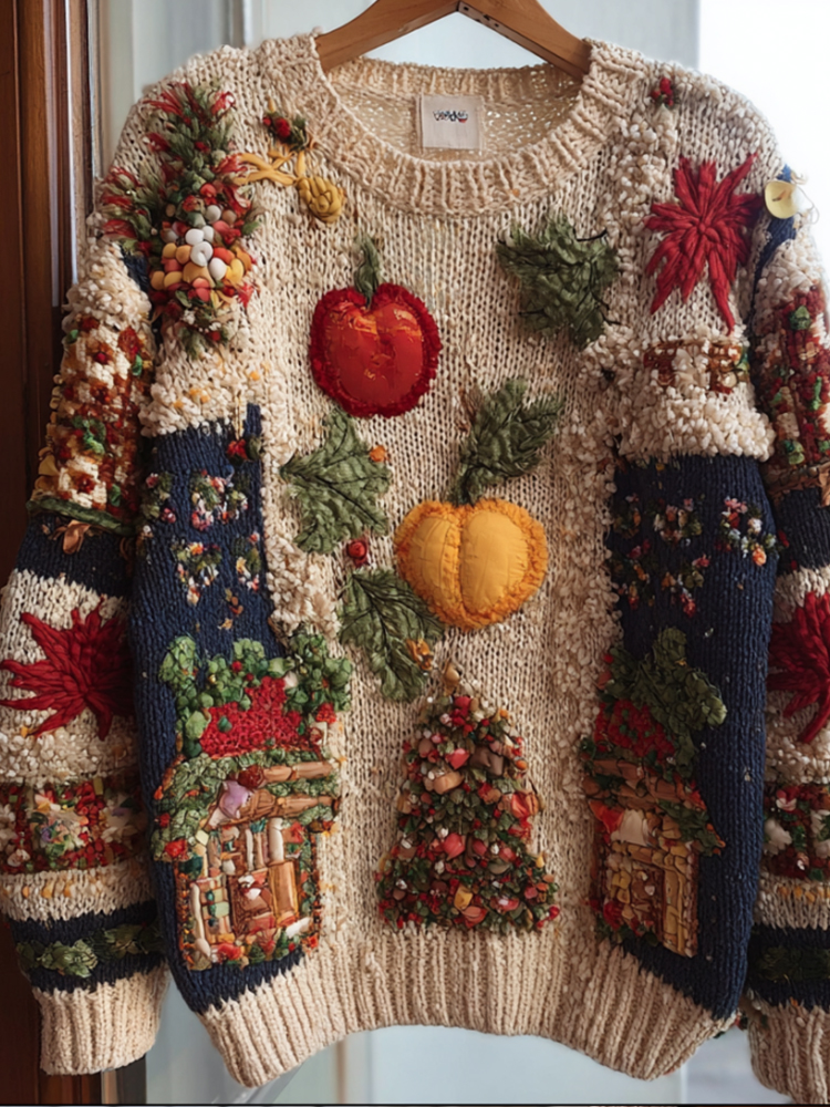 Thanksgiving Plant Flower Splicing Atmosphere Round Neck Sweater
