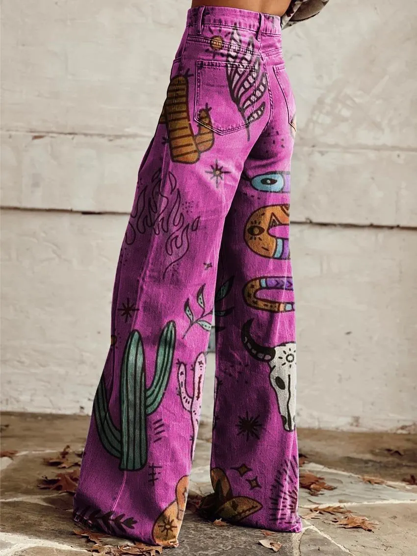 Purple Western Element Print Casual Wide-Leg Pants