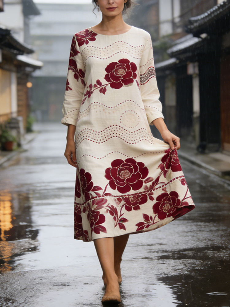 Japanese Floral Thread Pattern Women's Linen Long Sleeve Midi Dress