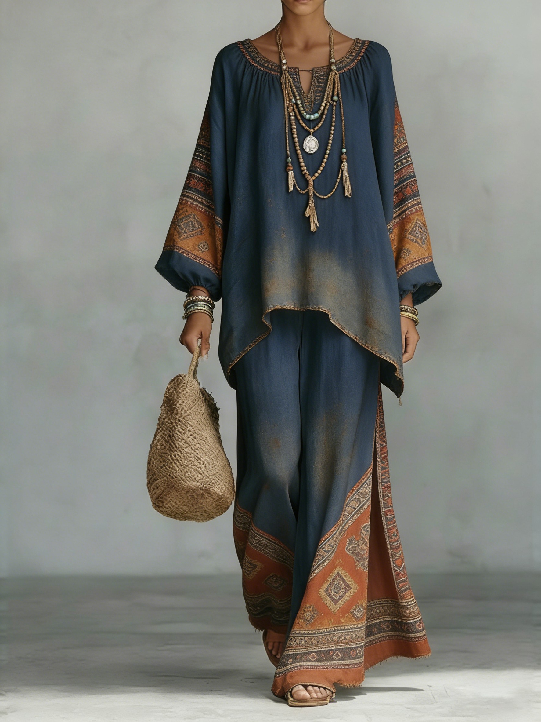 Comfortable & loose print pattern cotton & linen wide-leg pants two-piece set