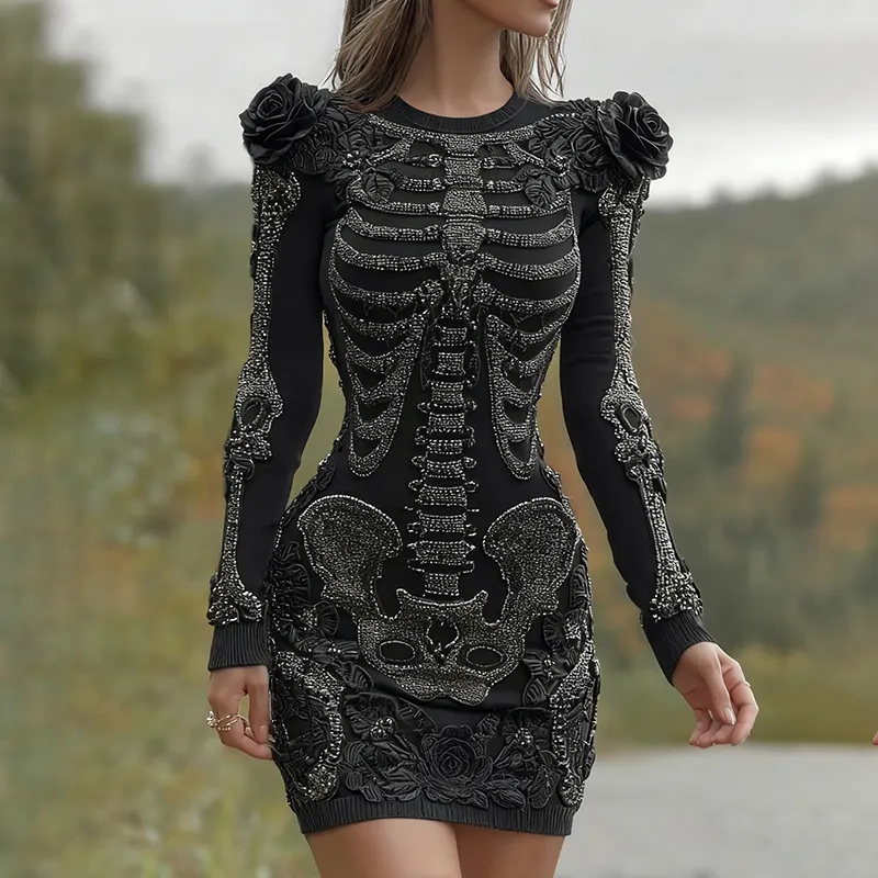 Women's Halloween Skeleton Bones With Black Rose Art Cozy Knit Mini Sweater Dress