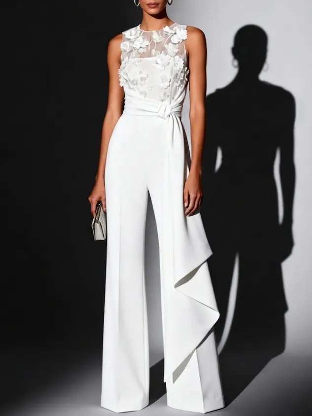 White 3D Floral Crew Neck Sleeveless Elegant Jumpsuit