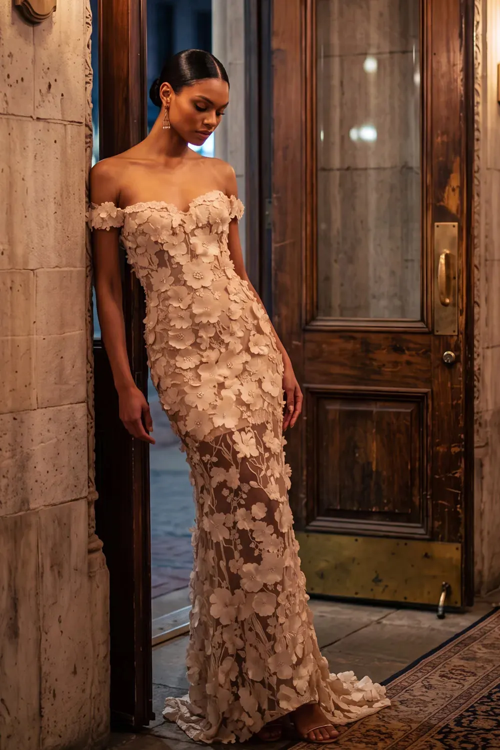 Champagne Off-Shoulder Mermaid Maxi Floral Dress